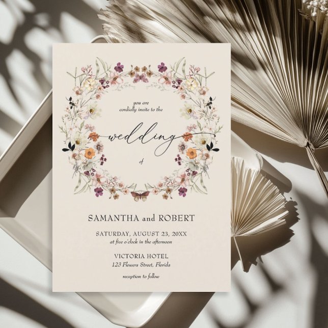 Convites Ferida de flores silvestres de cobre, de cobre, qu (Boho burnt orange copper wildflowers wreath invitation)