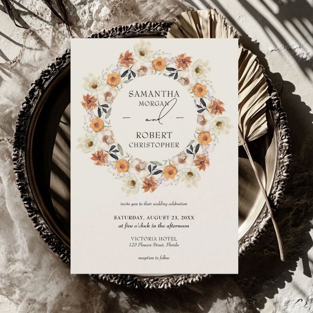 Convites Ferida de flores silvestres de cobre, de cobre, qu (Boho burnt orange copper wildflowers wreath invitation)