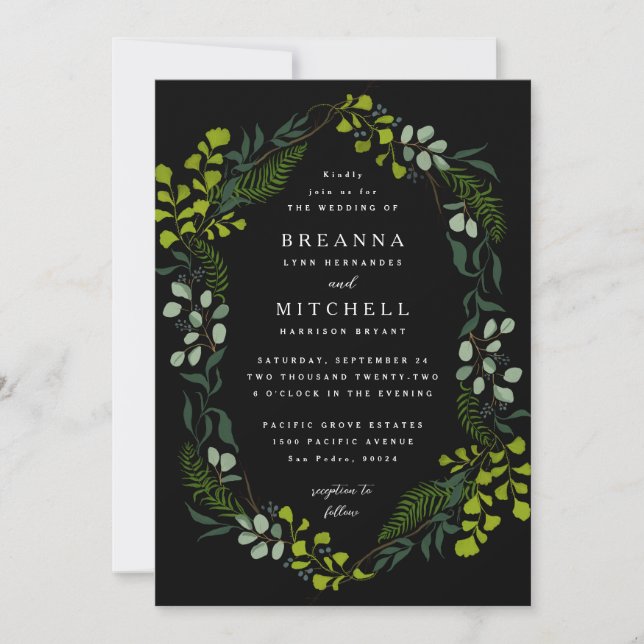 Convites Fern Eucalyptus - Casamento Preto Verde Desenhado  (Frente)