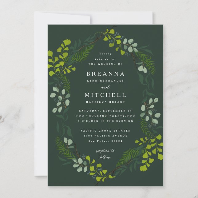 Convites Fern Eucalyptus - Casamento Verde Desenhado À Mão (Frente)