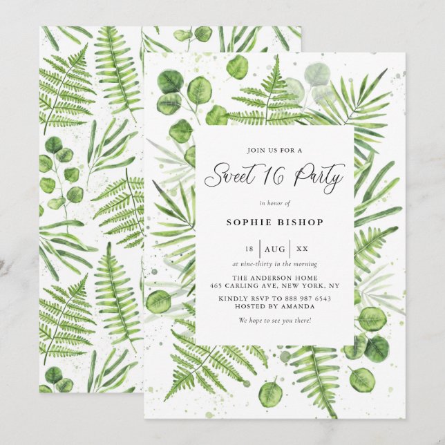 Convites Ferns de Aquarela e Eucalyptus Frame Sweet 16 Part (Frente/Verso)
