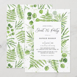 Convites Ferns de Aquarela e Eucalyptus Frame Sweet 16 Part
