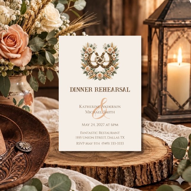 Convites Ferraduras e Flores Country Western (Country Wedding-Horseshoes and Flowers Dinner Rehearsal Invitation)