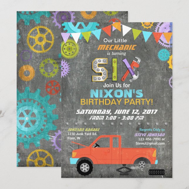 Convites Ferramentas de engrenagens mecânicas de carro Aniv (Frente/Verso)