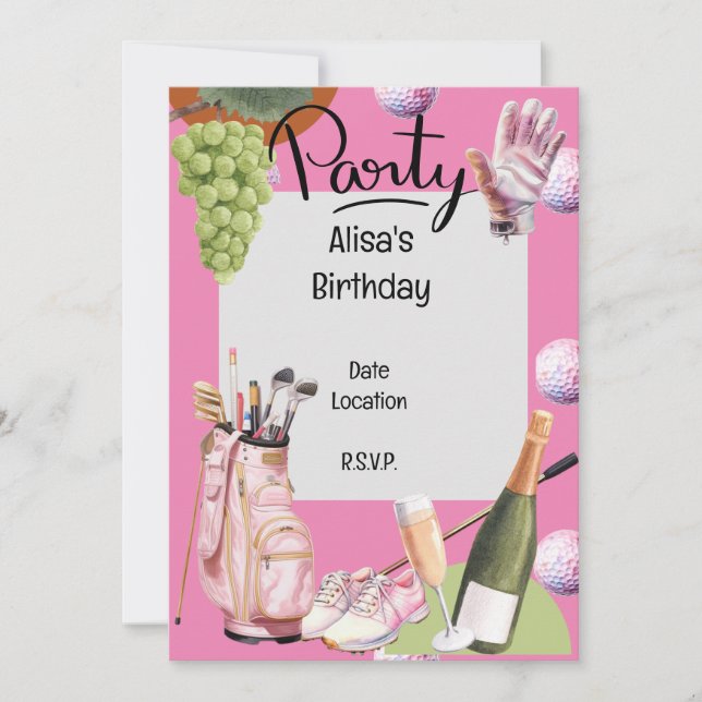 Convites Ferro de golfe com bola por toda parte em rosa par (Frente)