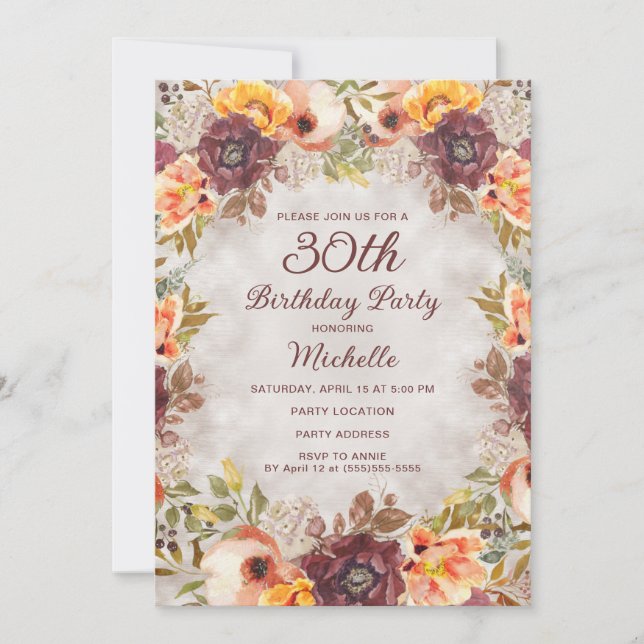 Convites Ferrugem Borgonha Laranja Floral Aniversário de 30 (Frente)