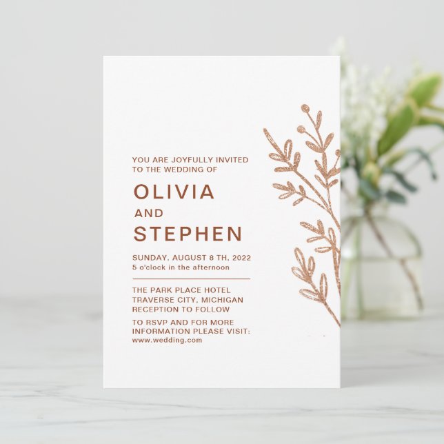 Convites Ferrugem e branca. Folhagem simples. Casamento mod (Em pé/Frente)