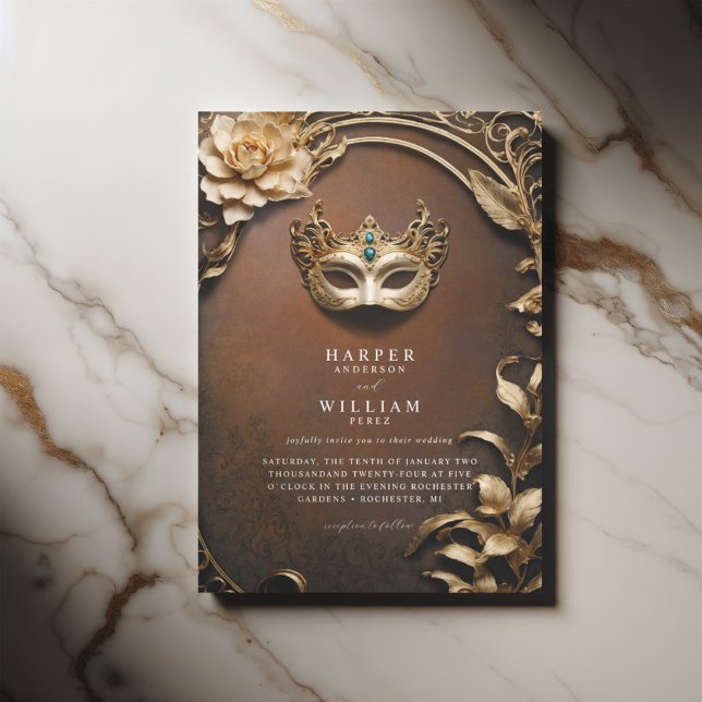 Convites Ferrugem encantada e Mascarada de ouro (Rusty brown with copper tones masqurade wedding invite, gold foliage and decorative venetian mask)