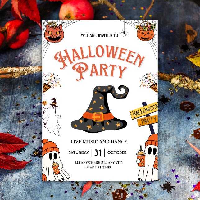 Convites Fesestivo Witch Hat e Fantasmas Festa de Halloween (Festive Witch Hat & Ghosts Halloween Party Invitation
)