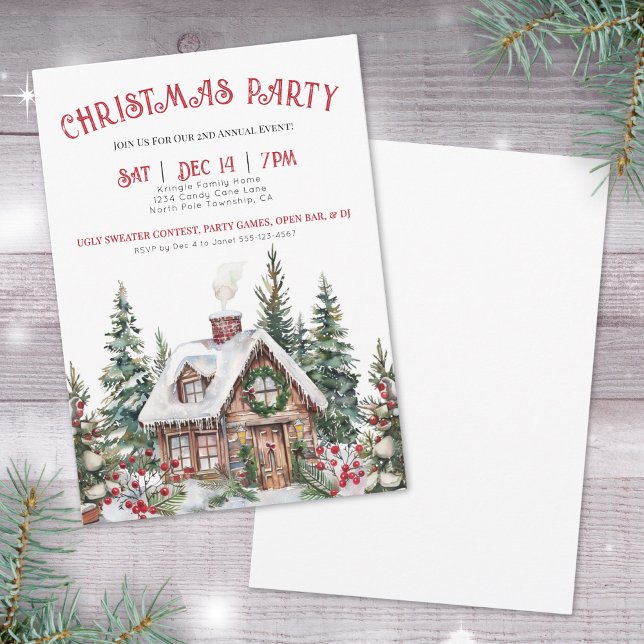 Convites FesesWinter Watercolor, Festa de Natal (Festive Winter Watercolor Christmas Holiday Party Invitation)