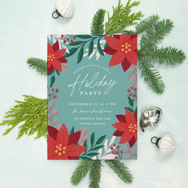 Convites FEST Flowers Foliday Party (teal holiday party invitation with elegant poinsettias and botanicals)