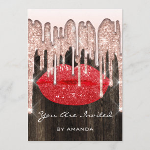 Convites Festa 16º Beijo Lábios Rosa Brilho Madeira. Vermel