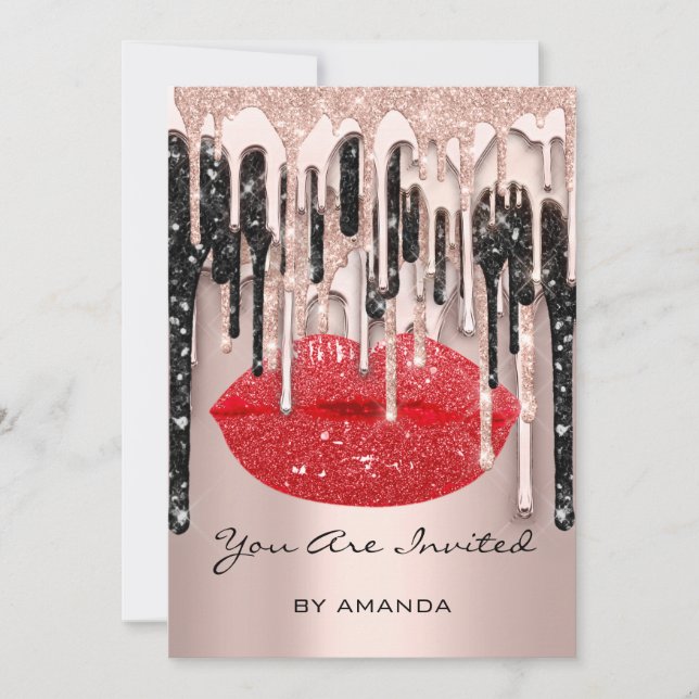 Convites Festa 16º Lábios Vermelhos Beijo Rosa Brilho Gota  (Frente)