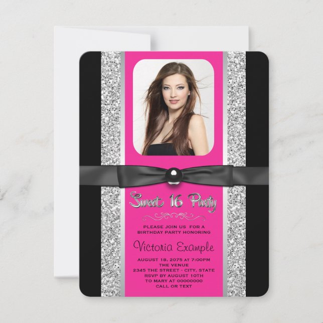 Convites Festa 16 de Glitter Prateado Rosa Quente (Frente)