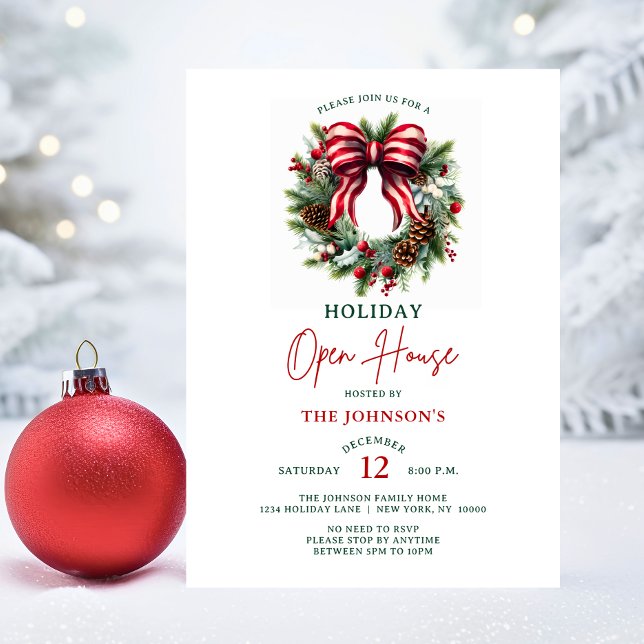 Convites Festa Aberta de Feriado de Natal Elegante (Elegant Christmas Wreath Holiday Open House Party Invitation)