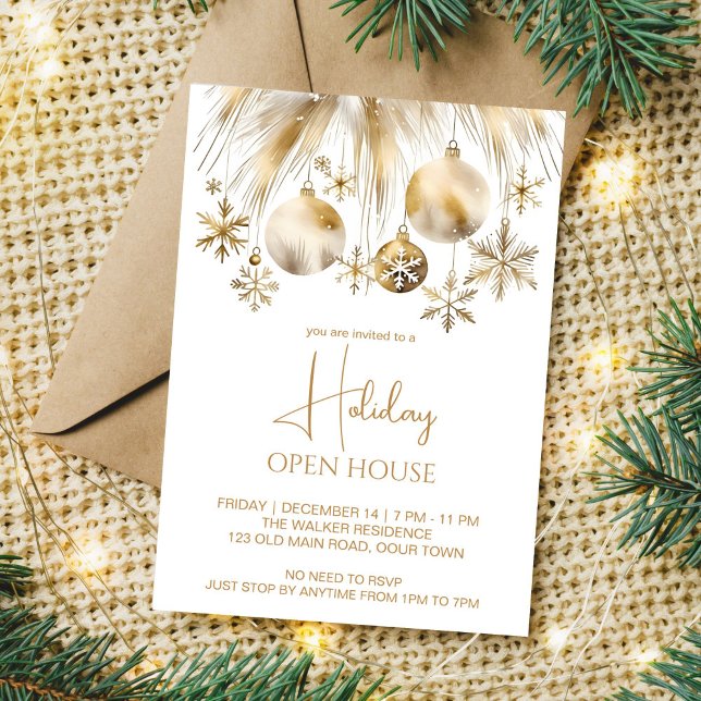 Convites Festa aberta de Holiday, festas de água metálica b (Open holiday house Christmas party editable template boho silver gold baubles pampas grass snowflake)