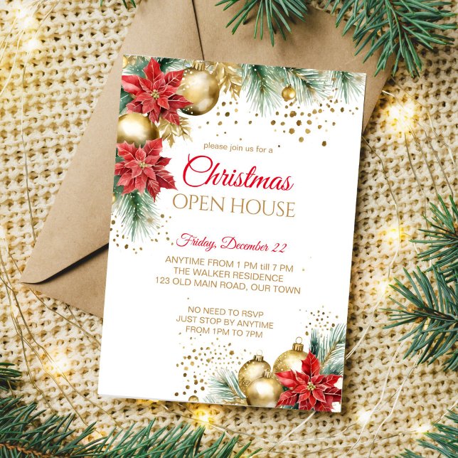 Convites Festa aberta de Natal, poinsettia vermelha (Christmas open house template invitation watercolor red poinsettia gold baubles pines gold sprinkles)
