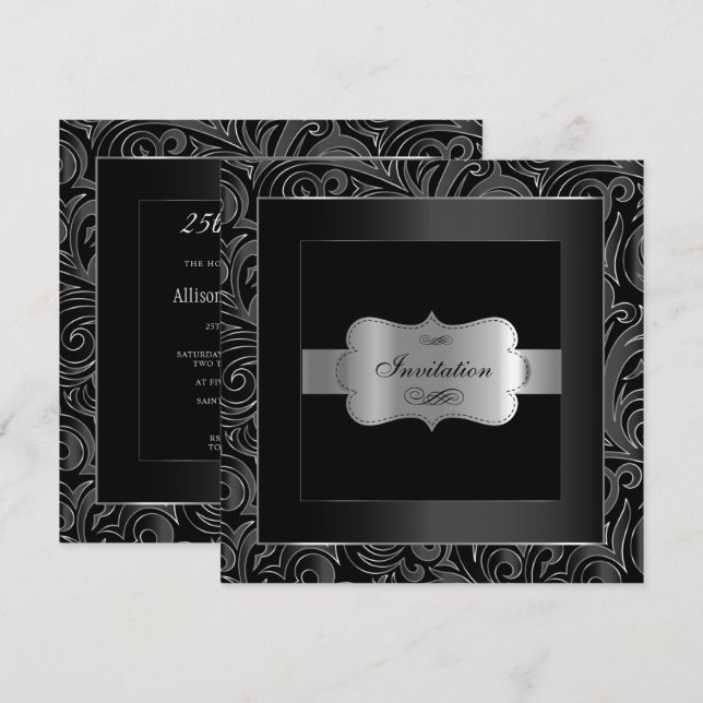 Convites Festa Abstrata Preto e Prata | Aniversário (Frente/Verso)