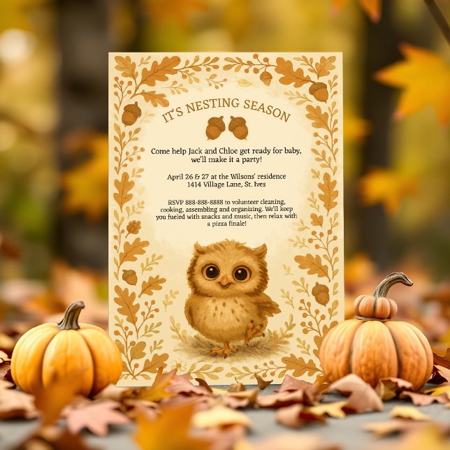 Convites Festa Adorável de Desninhamento de Coruja Branca (Whimsical fall baby shower invite with cute owl, rustic woodland charm, and autumn foliage.)