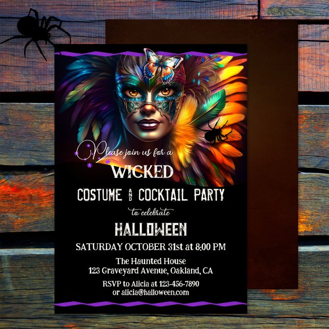 Convites Festa Adulta de Costume de Halloween (A colorful costume and cocktail Halloween party invitation featuring a feathered mask - adults only)