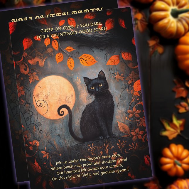 Convites Festa Adulta de Ornamentado de Gato Preto com Lua  (Halloween Full Moon Black Cat Ornate Adult Party Invitation)