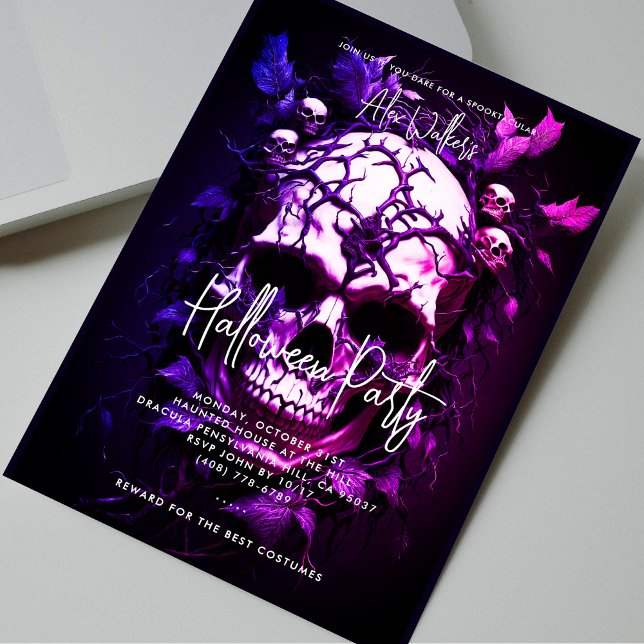 Convites Festa Adulta do Halloween Azul Escuro Caveira Roxo (Adult Halloween Party Dark Blue Purple Skull Invitation)