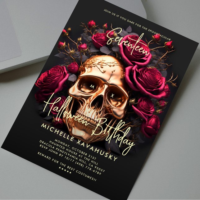 Convites Festa Adulta do Halloween Rosas vermelhas Douradas (Adult Halloween Party Birthday Gothic Black Gold Skull Red Roses Invitation
)