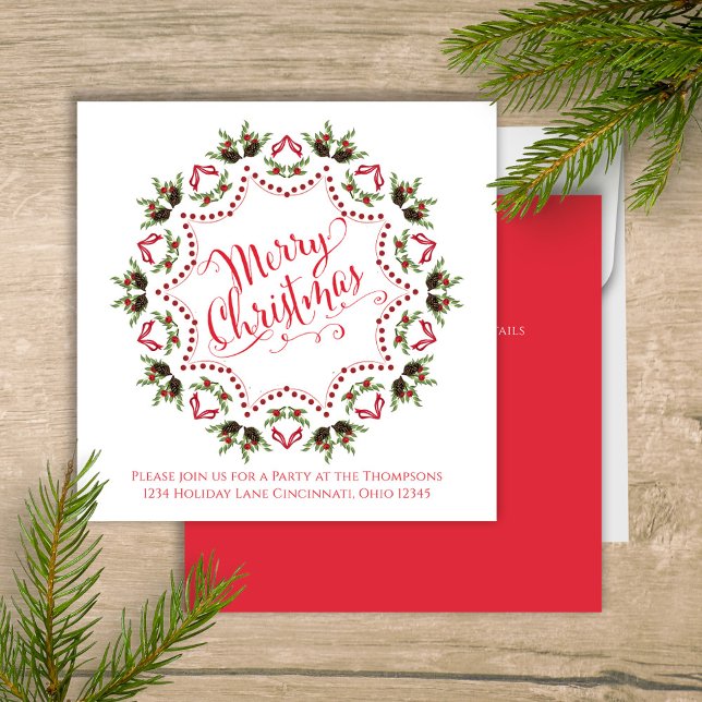 Convites Festa Alegre de Natal Vermelho e Verde Fofo (Cute red and green Merry Christmas party invitation with festive greenery and cheerful holiday style)