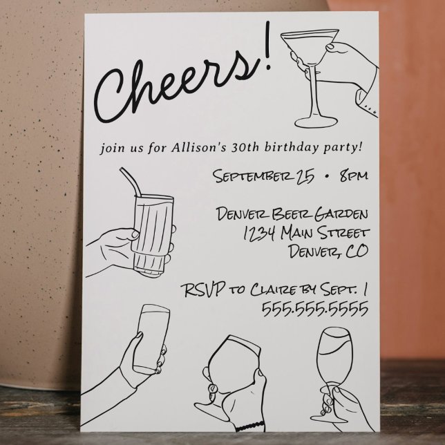 Convites Festa Alegre Desenho à Mão Excêntrico e Caprichoso (Hand drawn whimsical quirky funky cheers cocktail birthday party invitation modern black and white )