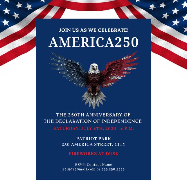 CONVITES FESTA AMÉRICA250 COMEMORAÇÃO DE 4 DE JULHO (AMERICA250 PARTY JULY 4TH CELEBRATION INVITATION)