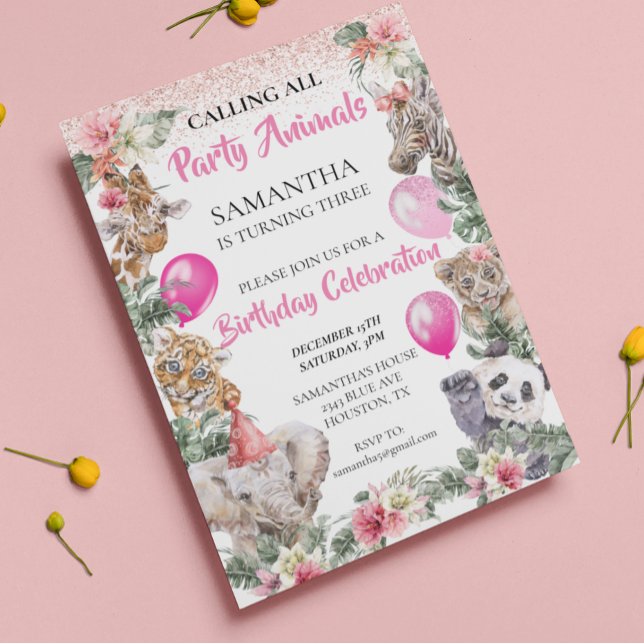 Convites Festa Animais da Selva Safari Menina Rosa Aniversá (Criador carregado)