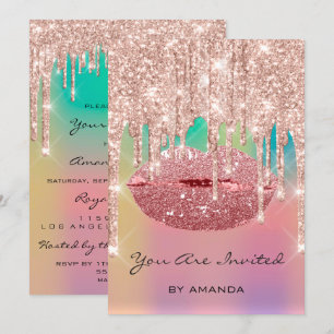 Convites Festa Aniversário 16º Beijo Lábios Glitter Rosa