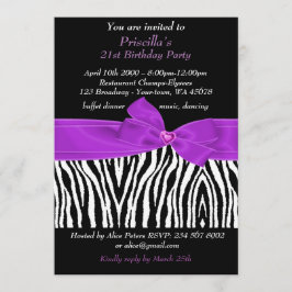 Convites Festa aniversário de 21 anos, Zebra, branco roxo p