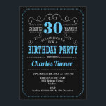 Convites Festa aniversário de 30 anos - Azul Preto<br><div class="desc">Convite de festas aniversário de 30 anos. Design preto,  azul,  branco elegante com padrão de quadro de referência e fonte de script. Até 30 anos! Envie-me uma mensagem se precisar de mais personalização.</div>