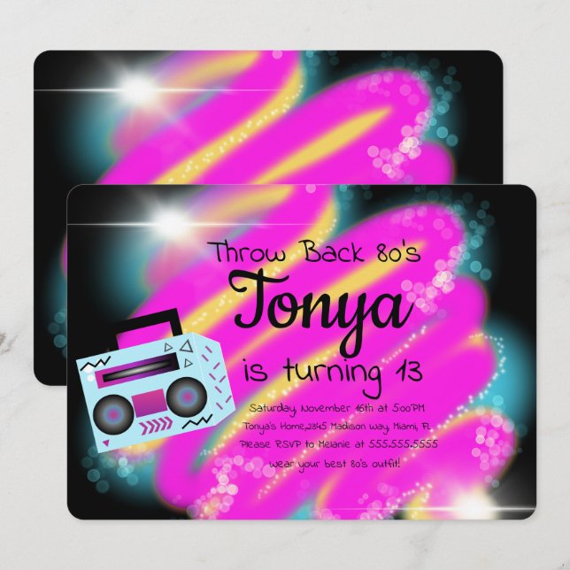 Convites Festa Anos 80 90 Airbrush Vintage BoomBox Retrospe (Frente/Verso)
