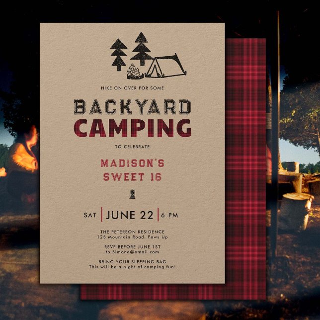 Convites Festa ao Ar Livre de Acampamento no Quintal de Xad (backyard camping sweet 16 birthday party invitation outdoor adventure camp fire rustic red plaid)