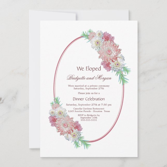 Convites Festa Após Casamento Floral Oval Rosa (Frente)