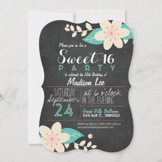 Convites Festa Aqua e Pink Floral Chalkboard Sweet 16