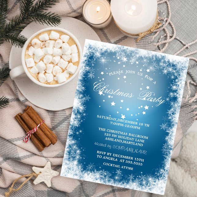 Convites Festa Azul de Natal com Flocos de Neve e Estrelas (Criador carregado)