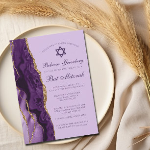 Convites Festa Bat Mitzvah com Glitter Dourado e Roxo