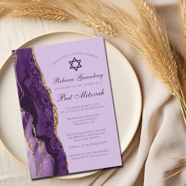 Convites Festa Bat Mitzvah com Glitter Dourado e Roxo (Criador carregado)