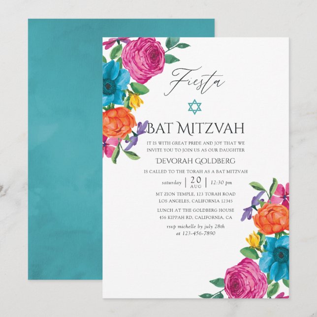 Convites Festa Bat Mitzvah Floral Aquarela (Frente/Verso)