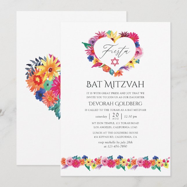 Convites Festa Bat Mitzvah Floral em Aquarela (Frente/Verso)