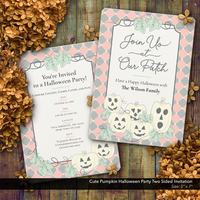 Convites Festa Bela de Abóbora do Halloween Dois Lados (Cute Country Pumpkin Halloween Party Invitation–Two Sided Design)