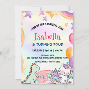 Convites Festa Bela Rosquinha Dino Unicorn Birthday Rainbow