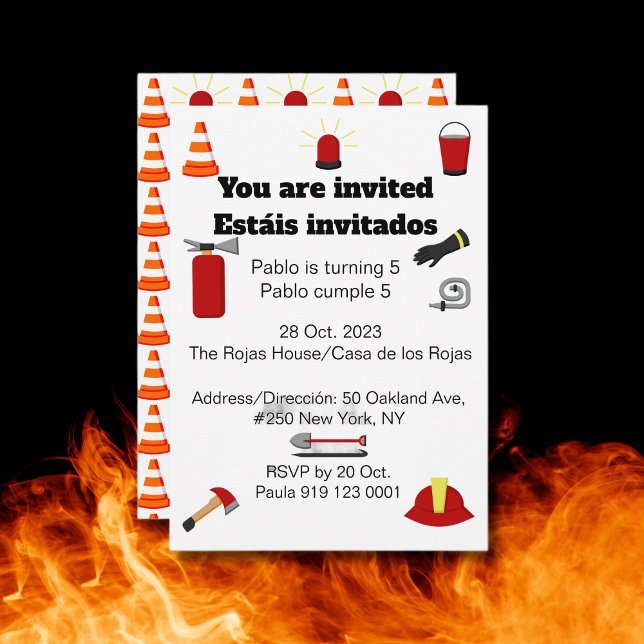 Convites Festa Bilíngue de Aniversário do Tema do Bombeiro (Bilingual Firefighters Birthday party invitation for boys. Multilingual Project.)