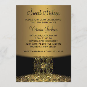 Convites Festa Black Damask Gold Classy Sweet Sixteen
