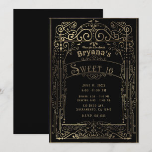 Convites Festa Black & Gold Vintage Victorian Deco Sweet 16