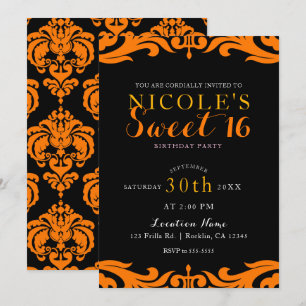 Convites Festa Black & Orange Damask Chic Elegante Sweet 16