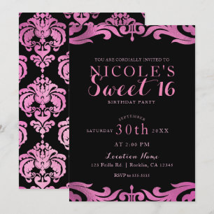 Convites Festa Black & Pink Damask Chic Elegante Sweet 16